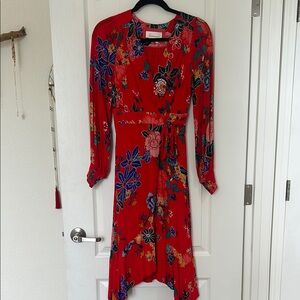 Anthropologie Red Asymmetrical Wrap Dress with Bishop Sleeves